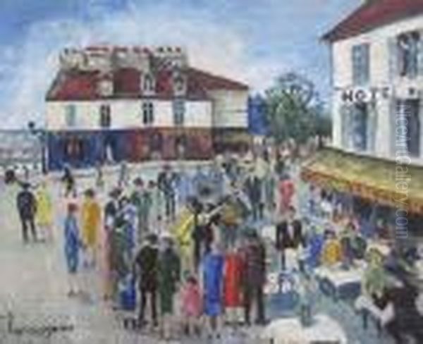 La Place Du Tertre Animee A Montmartre Oil Painting by Lucien Genin