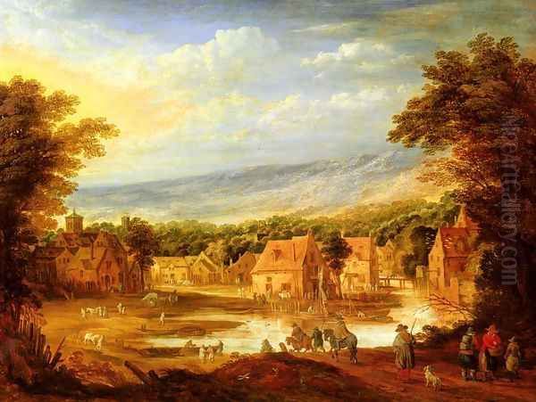 An Extensive River Landscape With Travellers Approaching A Village Oil Painting by Joos De Momper