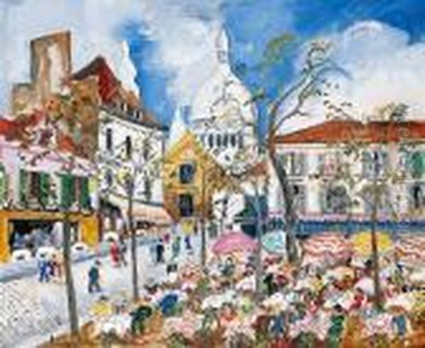 Paris, La Place Du Tertre Oil Painting by Lucien Genin