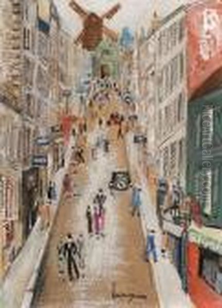 Rue Animee A Montmartre Oil Painting by Lucien Genin