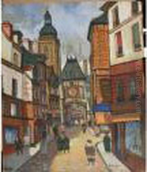 La Rue Du Gros Horloge A Rouen Oil Painting by Lucien Genin