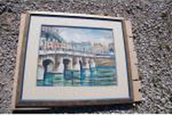 Le Pont-neuf Et La Statue D'henri Iv Gouache Sur Papier Signee Enbas A Droite 42 Oil Painting by Lucien Genin