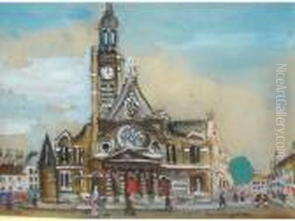 L'eglise Saint-etienne Du Mont A
 Paris Aquarelle Gouachee Surpapier Signee En Bas A Droite 19 Oil Painting by Lucien Genin