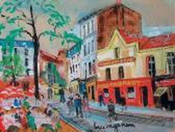 Montmartre - Place Du Tertre Animee Oil Painting by Lucien Genin