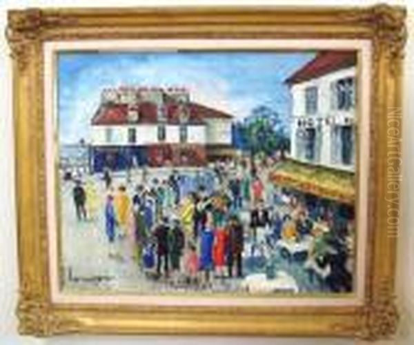 Cafe' Street Scene With Musicians Oil Painting by Lucien Genin