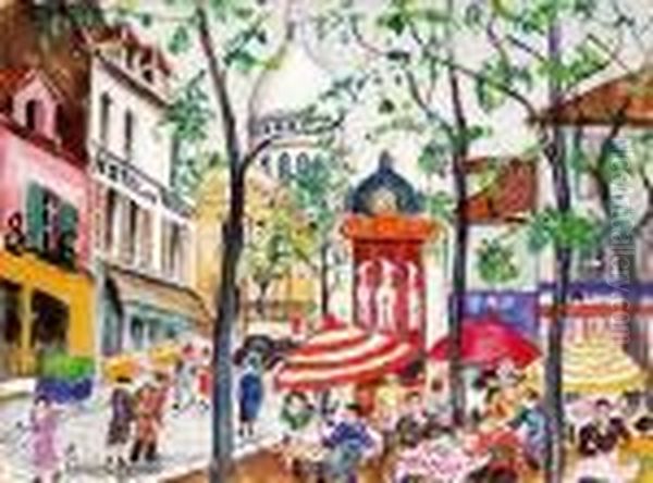 La Place Du Tertre, Le Sacre Coeur, Circa 1940 Oil Painting by Lucien Genin