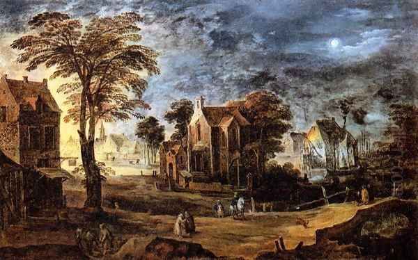 Village at Full Moon Oil Painting by Joos De Momper