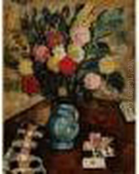 Nature Morte Aux Cartes Et Aux Fleurs Oil Painting by Lucien Genin