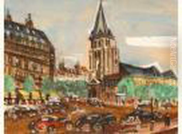 Animation Sur Le Boulevard Saint Germain Oil Painting by Lucien Genin