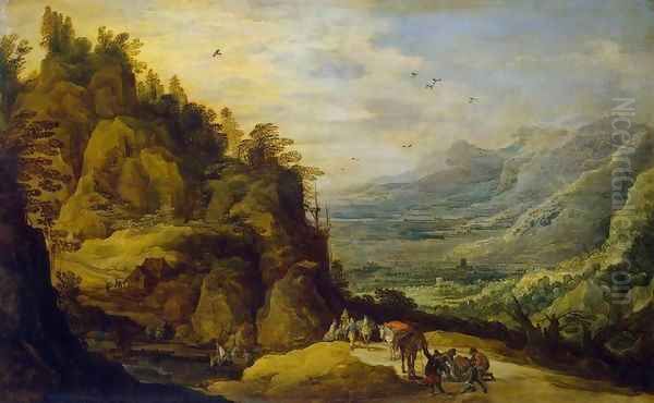 Mountainous Landscape with Figures and a Donkey Oil Painting by Joos De Momper