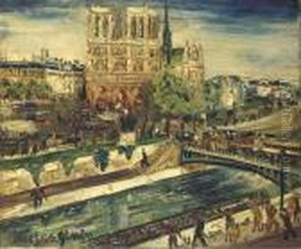 Vue De La Cathedrale Notre-dame A Paris Oil Painting by Lucien Genin