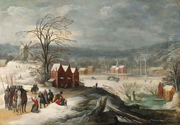 A winter landscape with soldiers at a village Oil Painting by Joos De Momper