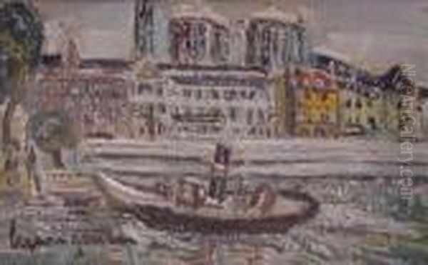 View Of Notre Dame From The Seine Oil Painting by Lucien Genin