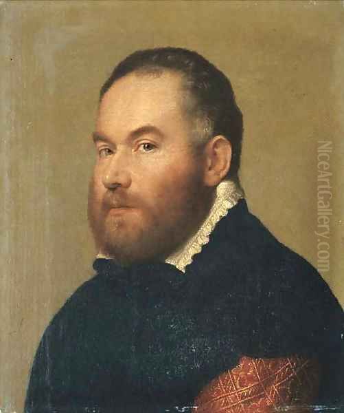 Portrait of a gentleman, bust-length in a brocaded red velvet doublet with a black cloak and a white collar Oil Painting by Giovanni Battista Moroni