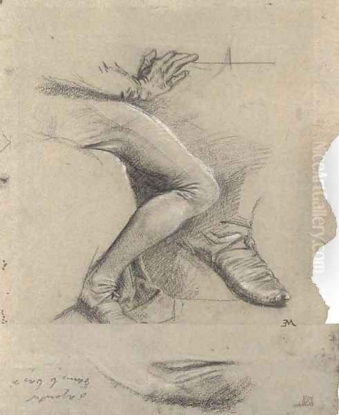 Study of the lower arm and right leg of a seated man, with a subsidiary studies of his shoe and of drapery Oil Painting by Jean-Louis-Ernest Meissonier