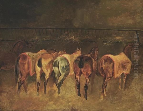 Horses In A Stable Oil Painting by Theodore Gericault