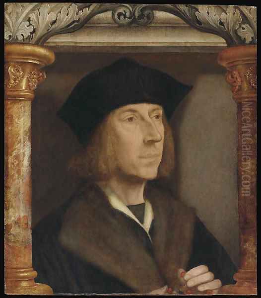 Portrait of gentleman, bust-length, in a fur-lined coat, telling a rosary, set in an architectural surround Oil Painting by Quinten Metsys