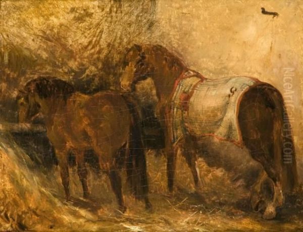 Etude De Deux Chevaux A L'ecurie Oil Painting by Theodore Gericault