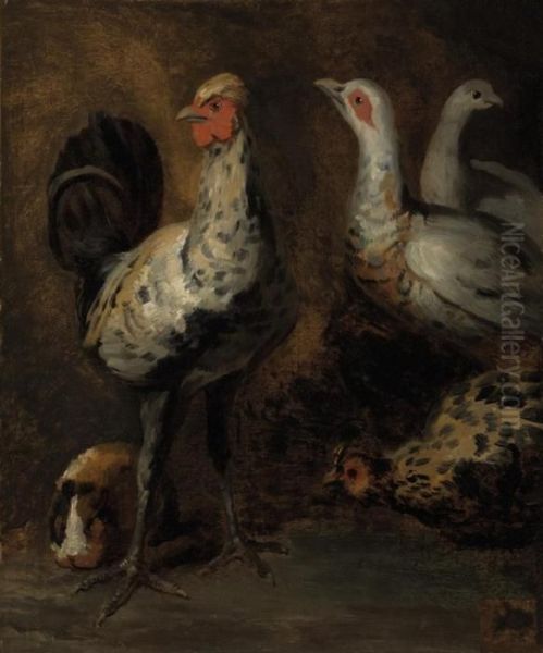 A Rooster, Three Chickens, And A Guinea Pig Oil Painting by Theodore Gericault