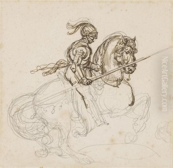 Cavalier En Armure A Cheval; 
Palfrenier Pansant Un Cheval; Et Croquis Representant Une Assemblee De 
Personnages Oil Painting by Theodore Gericault