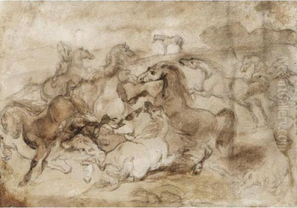 Chevaux Et Cavaliers Courant Vers La Droite Oil Painting by Theodore Gericault