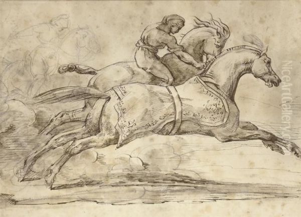 Two Horses Galloping, One With A Rider Oil Painting by Theodore Gericault