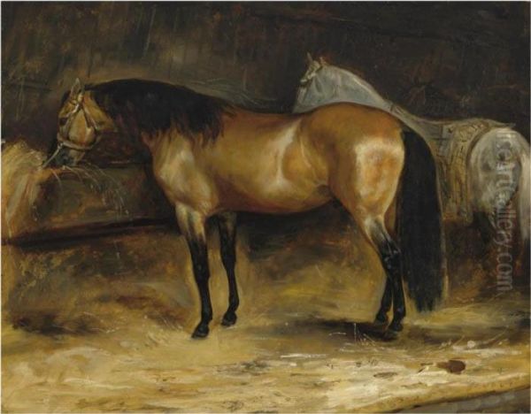 Two Horses In A Stable Oil Painting by Theodore Gericault