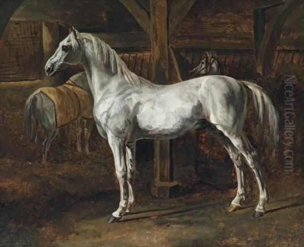 Cheval Blanc Debout Dans Une Ecurie Oil Painting by Theodore Gericault