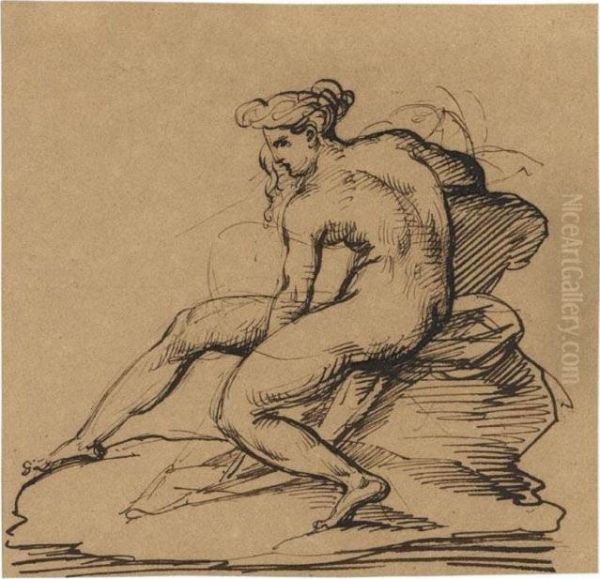 A Nude Woman, Seen In Profile To The Left, Seated On Rocks Oil Painting by Theodore Gericault