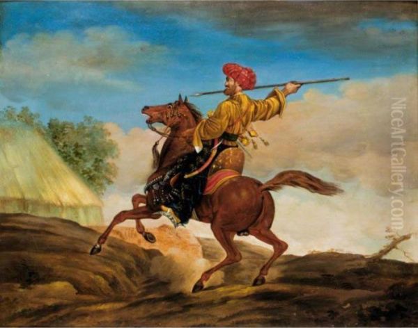 A Mounted Cavalier Brandishing A Spear Oil Painting by Theodore Gericault