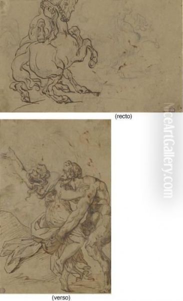 Two Horses Fighting, With A 
Subsidiary Study Of The Same (recto); Asatyr Abducting A Nymph (verso) Oil Painting by Theodore Gericault