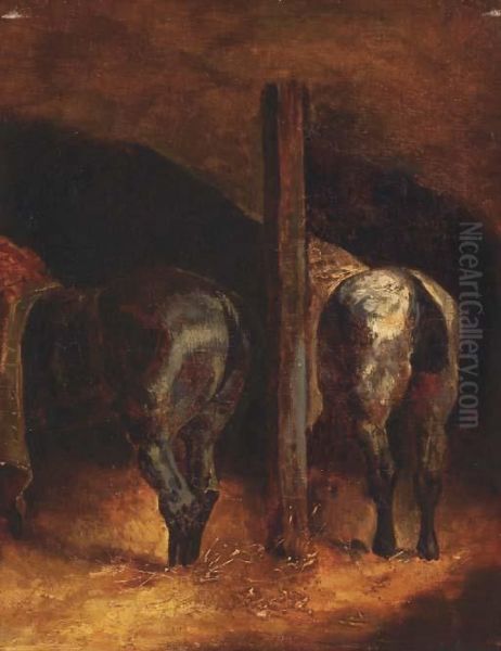 Deux Chevaux Dans Une Ecurie Oil Painting by Theodore Gericault