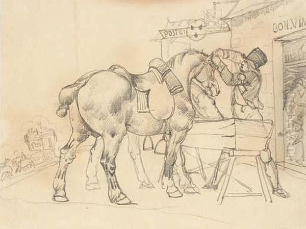 A Postal Conductor Attending To Two Saddled Horses In Front Of Apostal Relay Station Oil Painting by Theodore Gericault