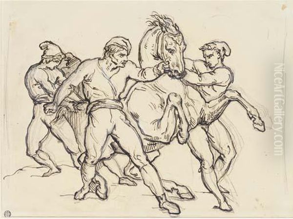 Three Men Restraining A Horse Oil Painting by Theodore Gericault