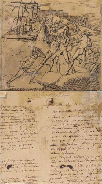 Sketch For A Battle Scene With A Letter From The Artist On Reverse Oil Painting by Theodore Gericault