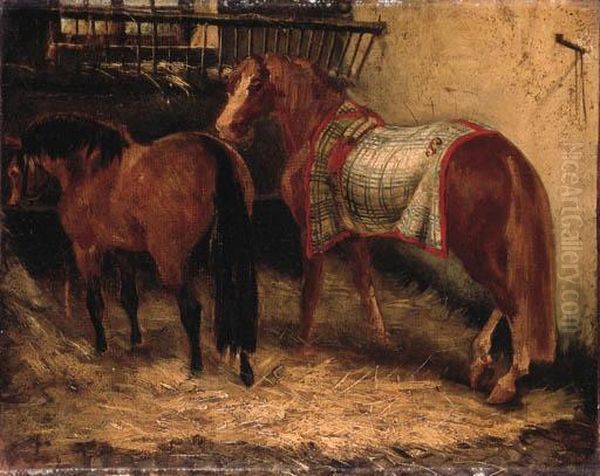 Deux Chevaux Dans Une Ecurie Oil Painting by Theodore Gericault