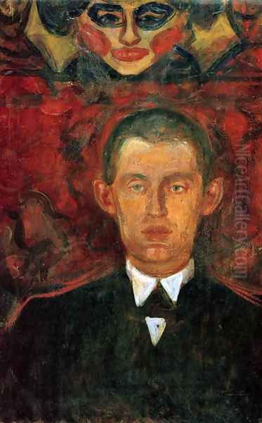 Self-Portrait Beneath Woman's Mask Oil Painting by Edvard Munch