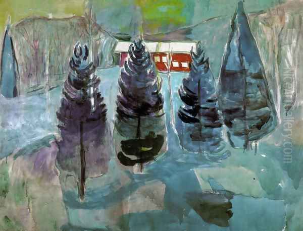 Red House and Spruces Oil Painting by Edvard Munch