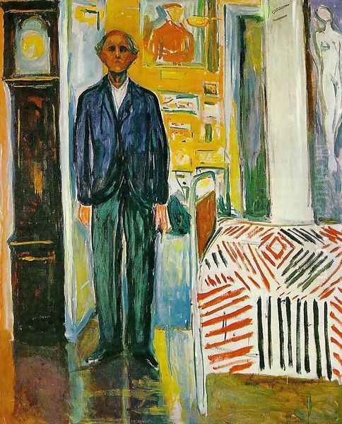 Self Portrait: Between Clock and Bed Oil Painting by Edvard Munch