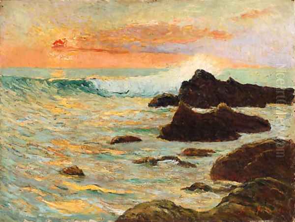 Les recifs (Cote de Bretagne), effet de soleil couchant Oil Painting by Maxime Maufra