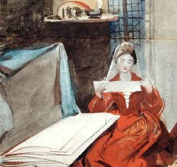 A Lady in a Medieval Costume studying the Contents of a Portfolio Oil Painting by Daniel Maclise