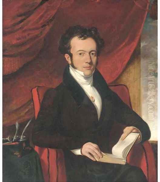 Portrait of M. Marcelles, Honourary Consul to Cork, half-length, in a brown coat with a cameo pinned to a white waistcoat, seated in an interior Oil Painting by Daniel Maclise