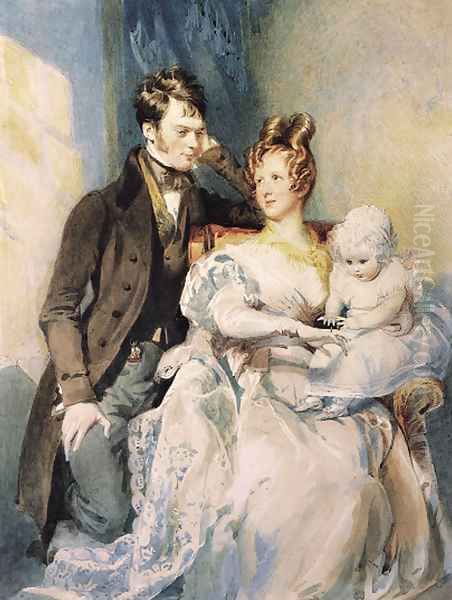 Portrait of Mr and Mrs MacGregor with their child Oil Painting by Daniel Maclise