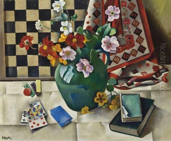 Nature Morte Aux Fleurs Et Cartes Et Damier - Verso: La Lieutenance, Honfleur Oil Painting by Paul-Elie Gernez