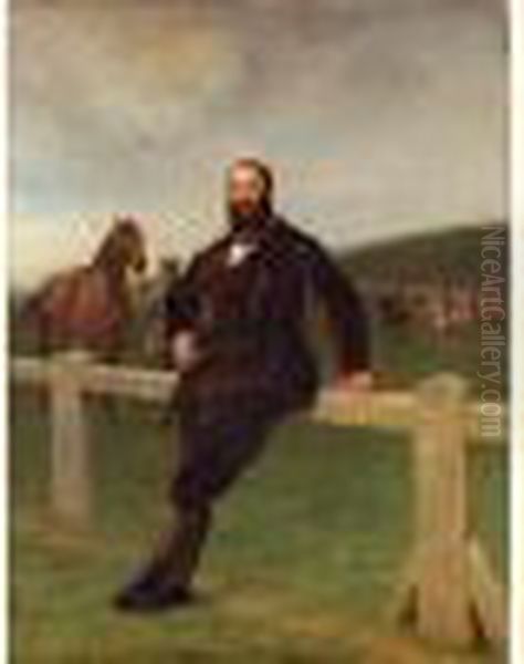 Portrait En Pied De Monsieur 
Charles Joachim Lefevre A Newmarket En 1872, Portant Une Lavaliere A Ses
 Couleurs De Courses Oil Painting by Jean-Leon Gerome