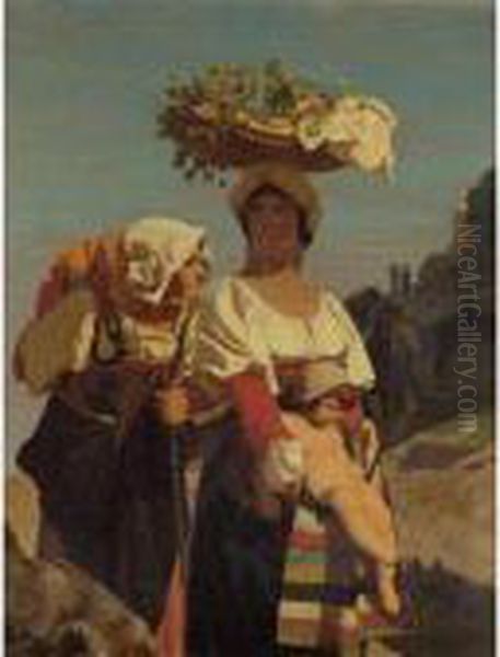 Two Italian Peasant Women And An Infant Oil Painting by Jean-Leon Gerome