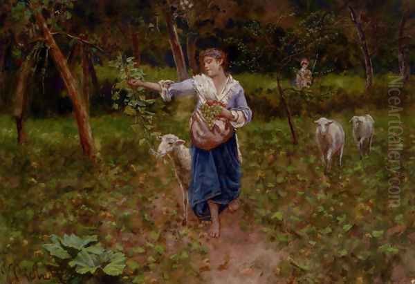 A Shepherdess In A Pastoral Landscape Oil Painting by Francesco Paolo Michetti