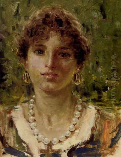 Portrait Of A Girl Wearing A Pearl Necklace Oil Painting by Francesco Paolo Michetti