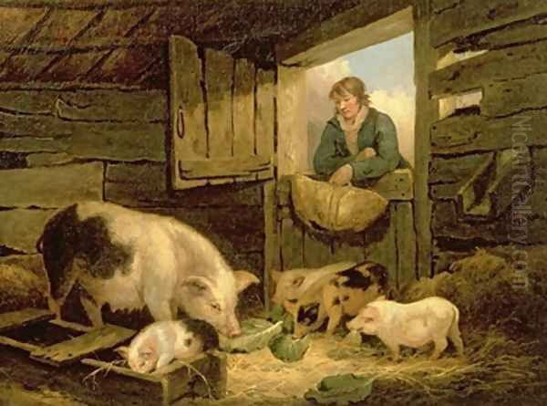 A Boy Looking into a Pig Sty 1794 Oil Painting by George Morland