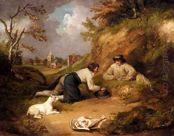 Two Men Hunting Rabbits With Their Dog, A Village Beyond Oil Painting by George Morland